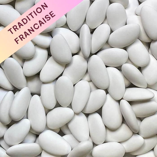 Dragée amande Ferraduel origine France, 53% d'amande, idéal pour ballotins de baptême et mariage.Disponible à Pessac près de Bordeaux.