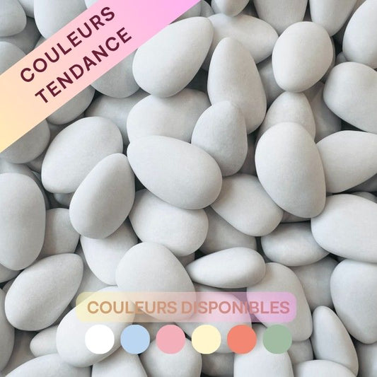 Dragée amande française Lauranne récolte Provence, disponible en couleurs terracotta et vert sauge. DIsponible à Pessac près de Bordeaux