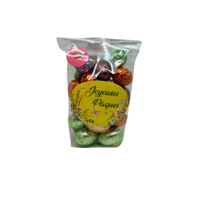 Sachet 200 g d’œufs de Pâques sous alu – Chocolat noir ou lait