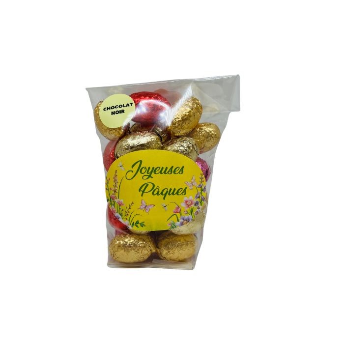 Sachet 200 g d’œufs de Pâques sous alu – Chocolat noir ou lait